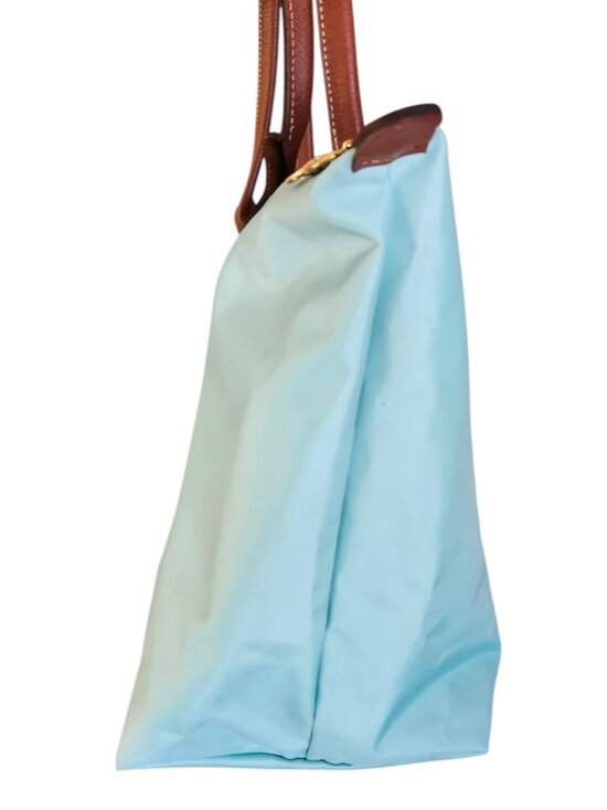 Longchamp Le Pliage Medium Tote Bag Blue Nylon Brown Leather Foldable bag - Picture 8 of 14